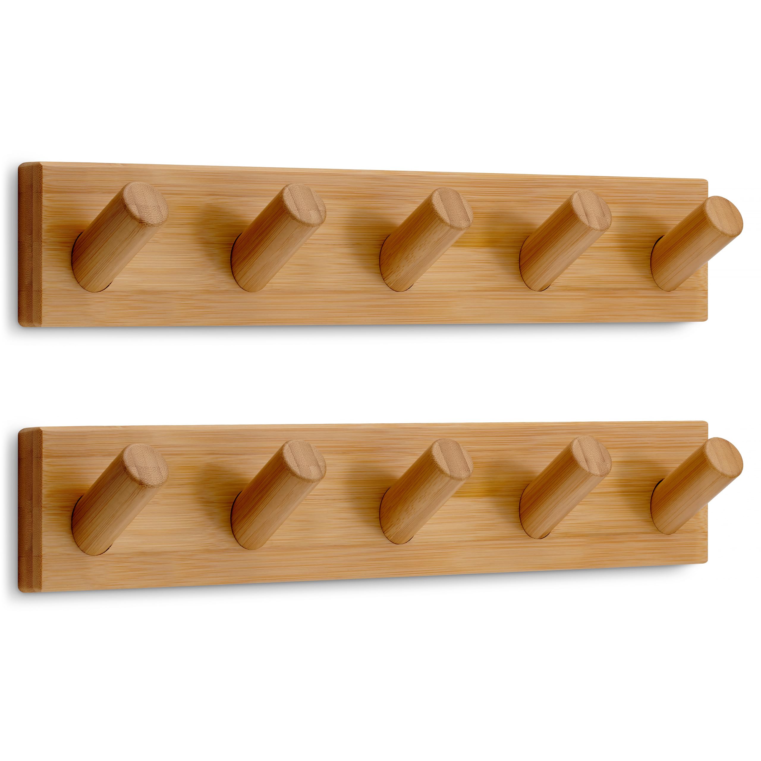 LARHN Wooden Coat Hooks Wall Mounted Coat Rack with 5 XL Hooks (2-Pack), 42cm - All Fixings Included for Quick & Easy Installation
