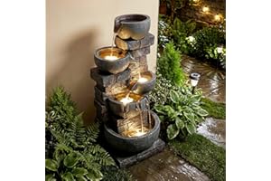 Giantex 33'' Water Fountain Outdoor, 5-Tier Cascading Stacked Stone Bowl Waterfall Fountain with LED Lights & Pump, Outside W