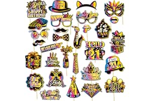 30PCS 21st Photo Booth Props - Funny & Glam 21st Selfie & Party Decorations for Adults, Neon Glow Hats, Glasses, Crowns, Spee