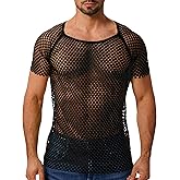 ABAFIP Men's Short Sleeve Fishnet Shirt Mesh Sheer Tank Top Muscle T-Shirt Undershirt Rave Clubwear