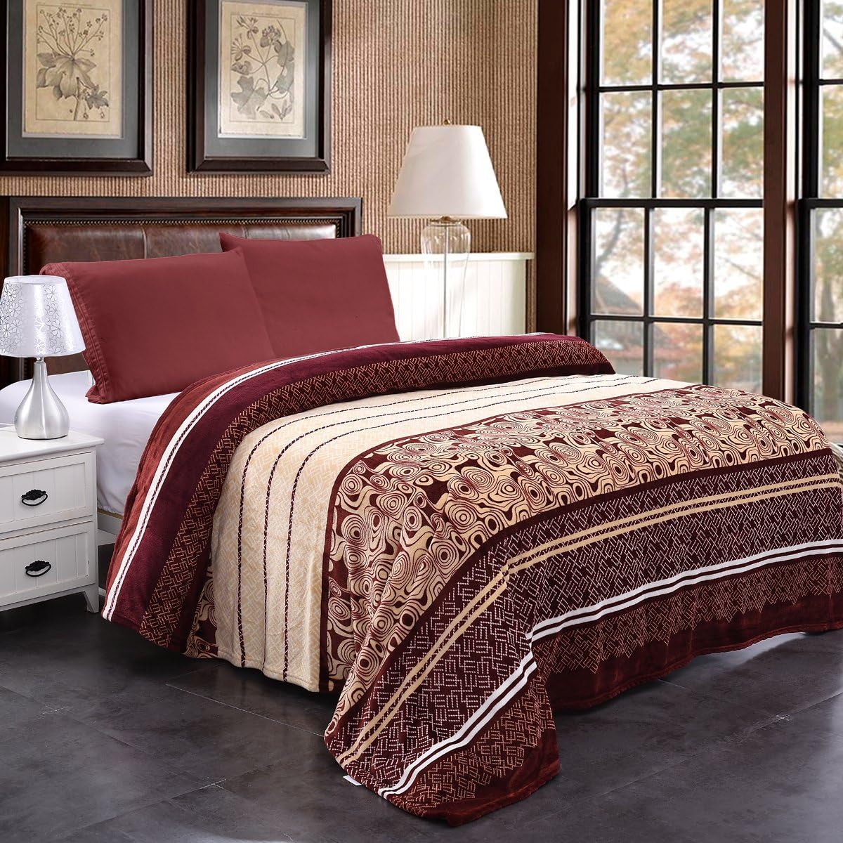 JML Plush Blanket Queen Size (90" x 90"), Super Soft Warm Printed Flannel Fleece Blanket for Couch and Sofa, Golden Stripe