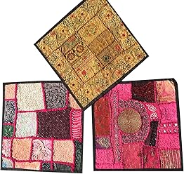 3 Pcs Ethnic Cushion Cover Patchwork Embroidered Cotton Square Toss Pillow Cases 16x16