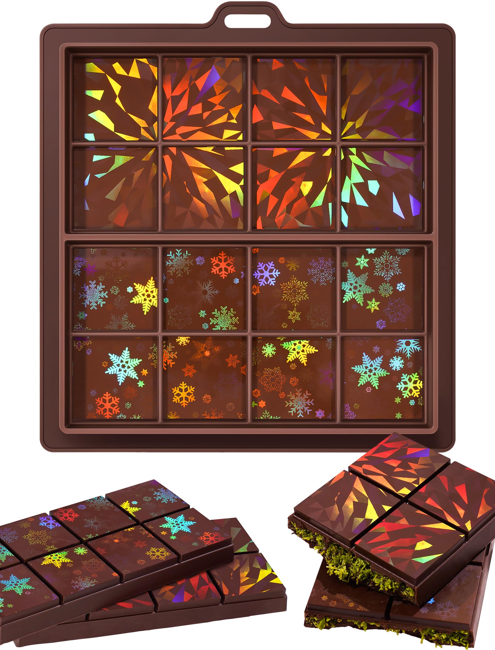 NiHome 0.67 Inch Holographic Dubai Chocolate Molds, Silicone Chocolate Bar Mold for Black Chocolate, Dishwasher Safe & Wall Hanging, Christmas Valentine Gift (Snowflake and Firework Patterns)