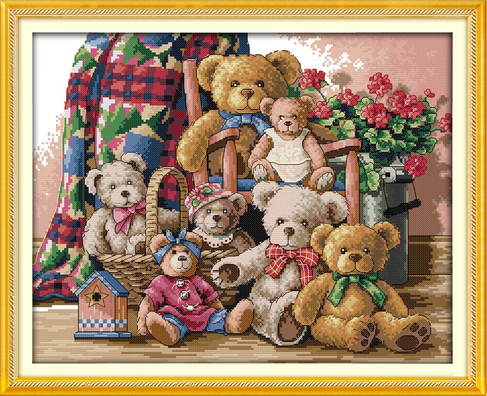 CaptainCrafts Cross Stitch Kits, Stamped Cross Stitch Pre-Printed 11CT Fabric DMC DIY Art Embroidery Kits Needlework Crafts Bear Family (Preprinted 11CT, Bear Family)