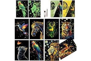 BULCHIGN Scratchboard Art for Adult Luminous Scratch Painting Kits, A5 Scratch Art Rainbow Painting Paper 8 Sheet with 4 Tools, Scratchboard for Teens & Adults, Fun Creative Craft Toy/Gifts/Decor, Animals