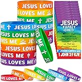 Humyoun 30 Sets/ 60 Pcs Jesus Loves Me Silicone Wristbands with Bible Verse Cards, Christian Religious Party Favors Gifts Rainbow VBS Rubber Bracelets Wristbands for Easter Sunday School Church Group
