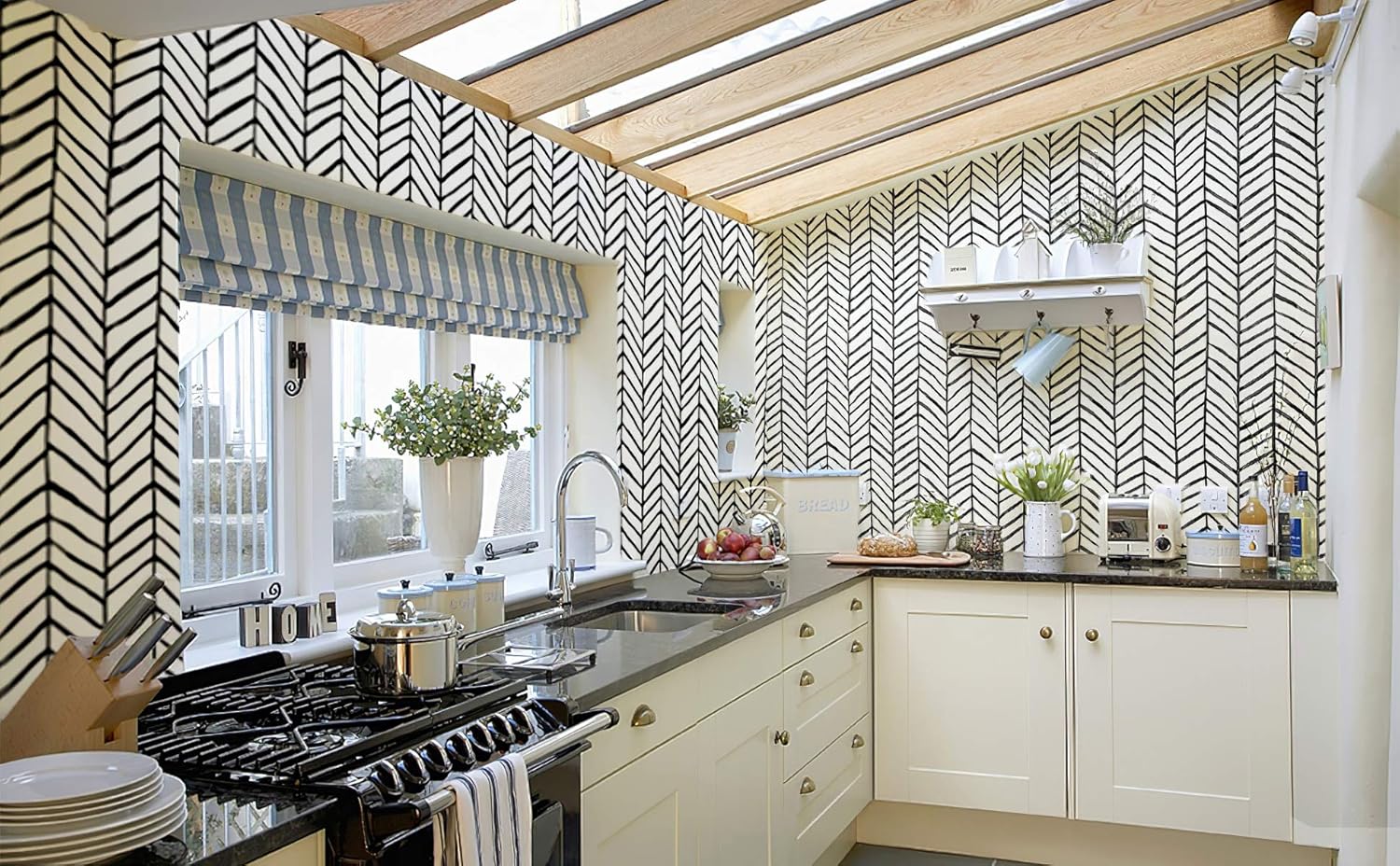 ConCus-T Frosted Geometric Wallpaper Black White Herringbone Stripes Self Adhesive Vinyl Wall Paper for Living Room Bedroom Bathroom Kitchen 44.5 × 600cm - Image 3