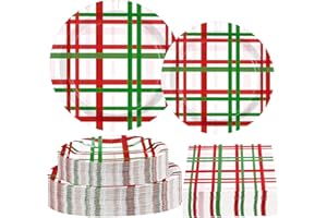 GREENCIAN 200pcs Gingham Party Supplies Red Green Buffalo Plaid Checkered Plates and Napkins Tableware Set Winter Theme Party Decoration for Holiday Birthday BBQ Festive Party Supplie Serve 50
