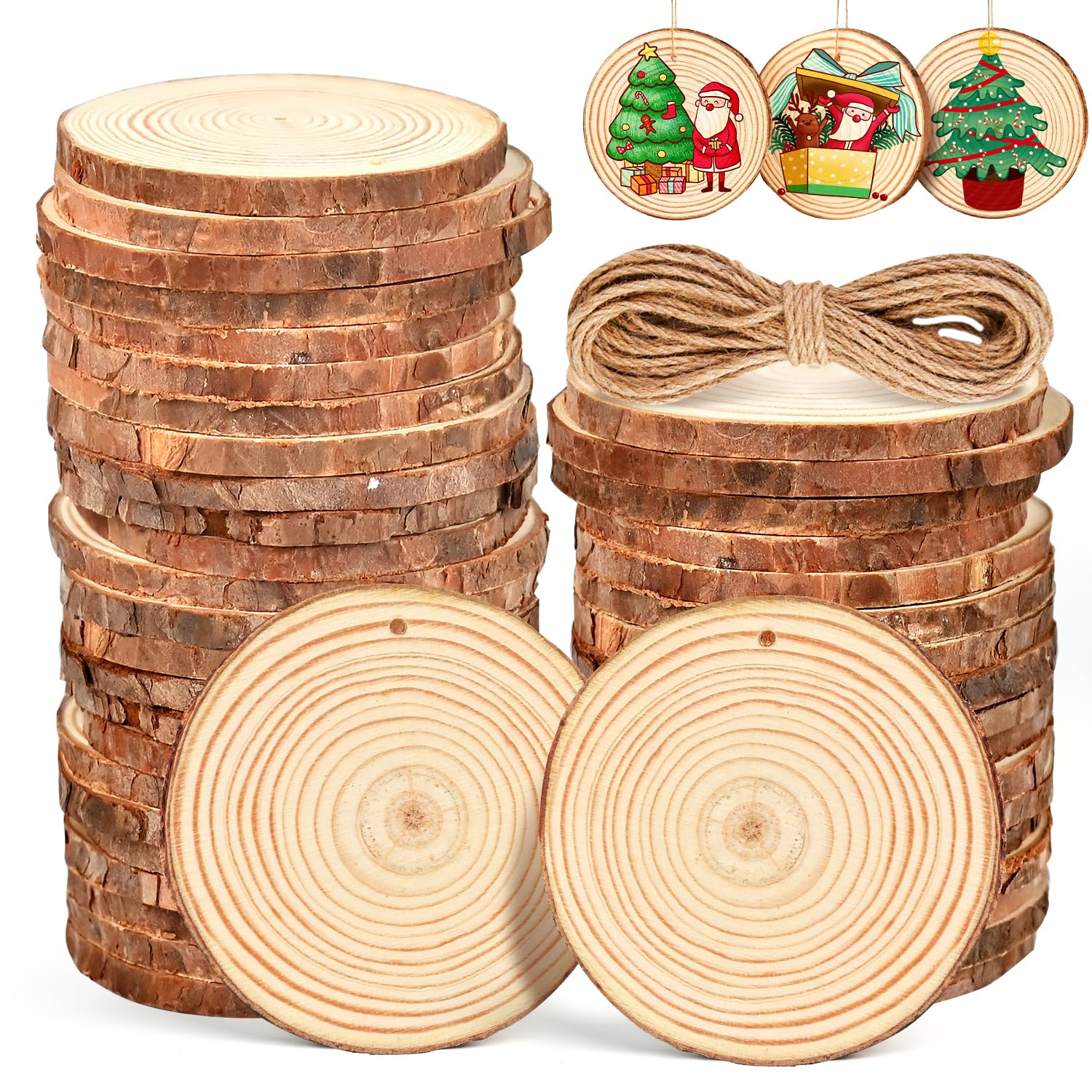 Fuyuleyo Wood Slices Natural Log Slices 50Pcs 7-8cm Unfinished Wood Craft Kit Predrilled Wooden Discs Circles Tree Slice for Painting DIY Arts and Crafts Christmas Ornaments Supplies