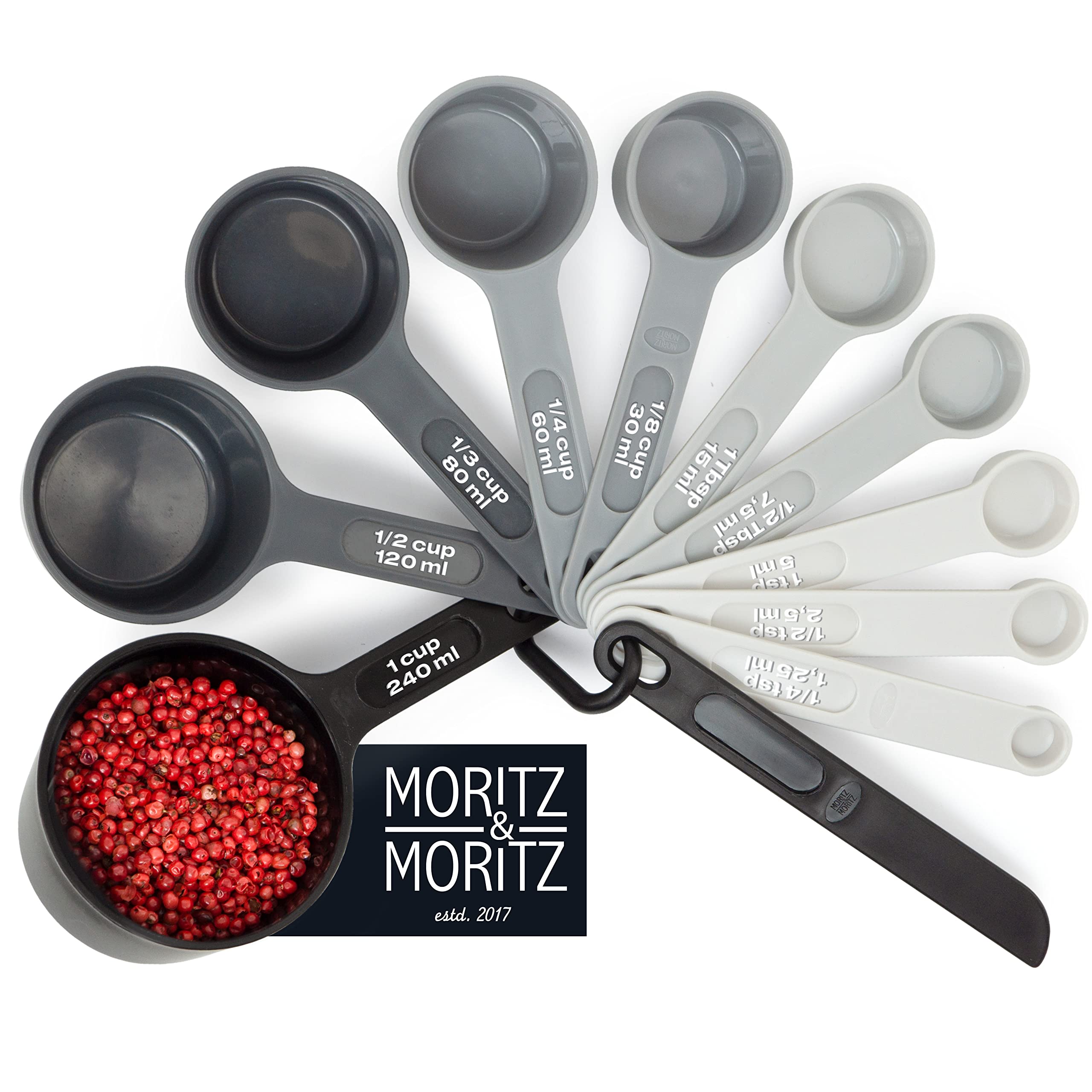 Moritz & Moritz Measuring Spoons Sets and Measuring Cups Sets - 11pcs of Baking Measuring Spoons - 10 Measurements & Level Measures - Grey