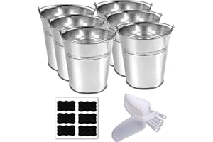WWONGXIANB 6 Metal Buckets With Chalkboard Stickers And Plastic Kitchen Scoops, Small Galvanized Buckets ,For Birthday, Wedding Party, Garden Planters , Party Supplies,Decorations ,5 Inch Tin Buckets - (tie 6)