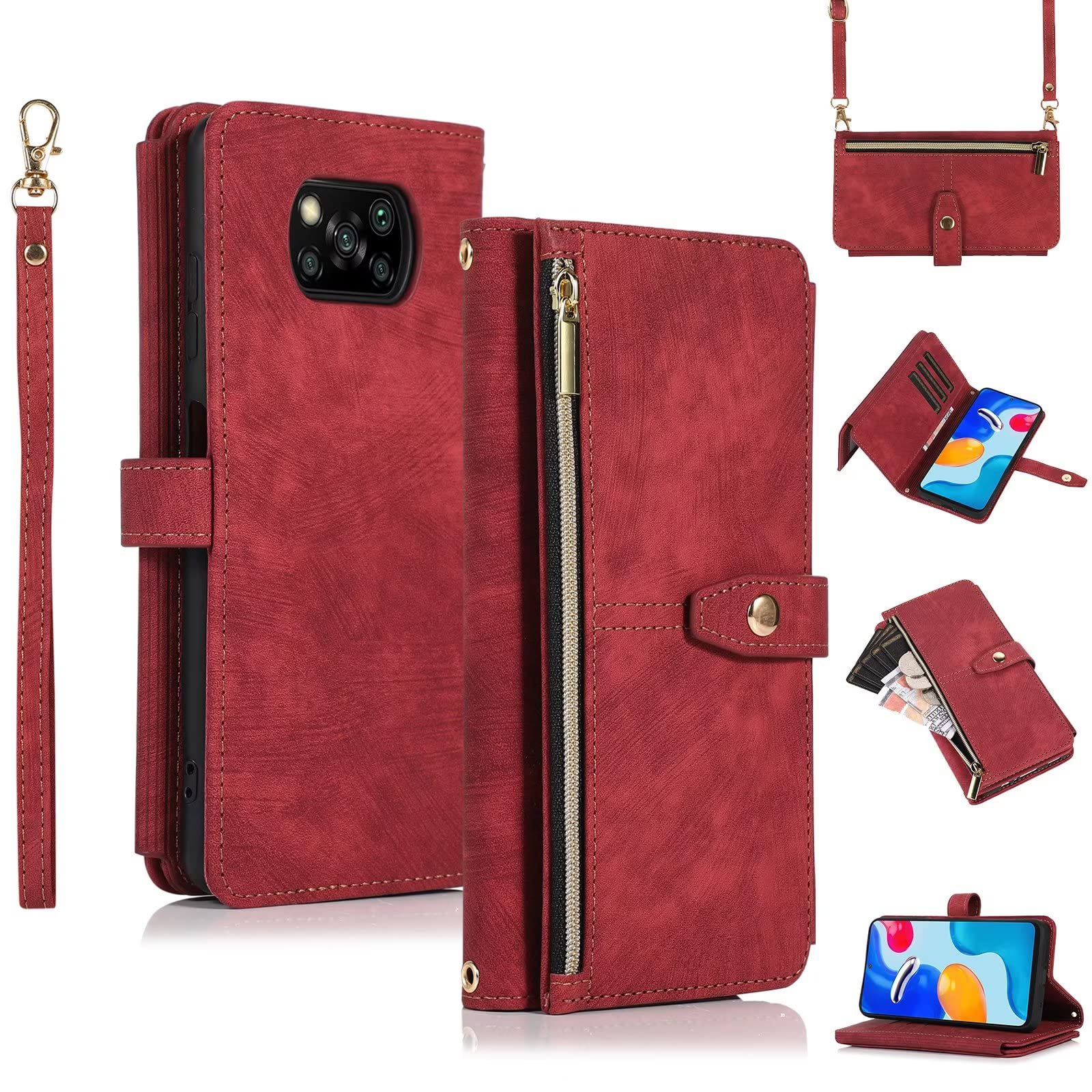 ESONG Case for Xiaomi Poco X3/Poco X3 Pro/Poco X3 NFC,PU Leather Zipper Wallet Flip Magnetic Full Protection Shockproof Cover,Crossbody phone Case for Women[9 Card Slot/2 Coin Pouch/Kickstand],Red
