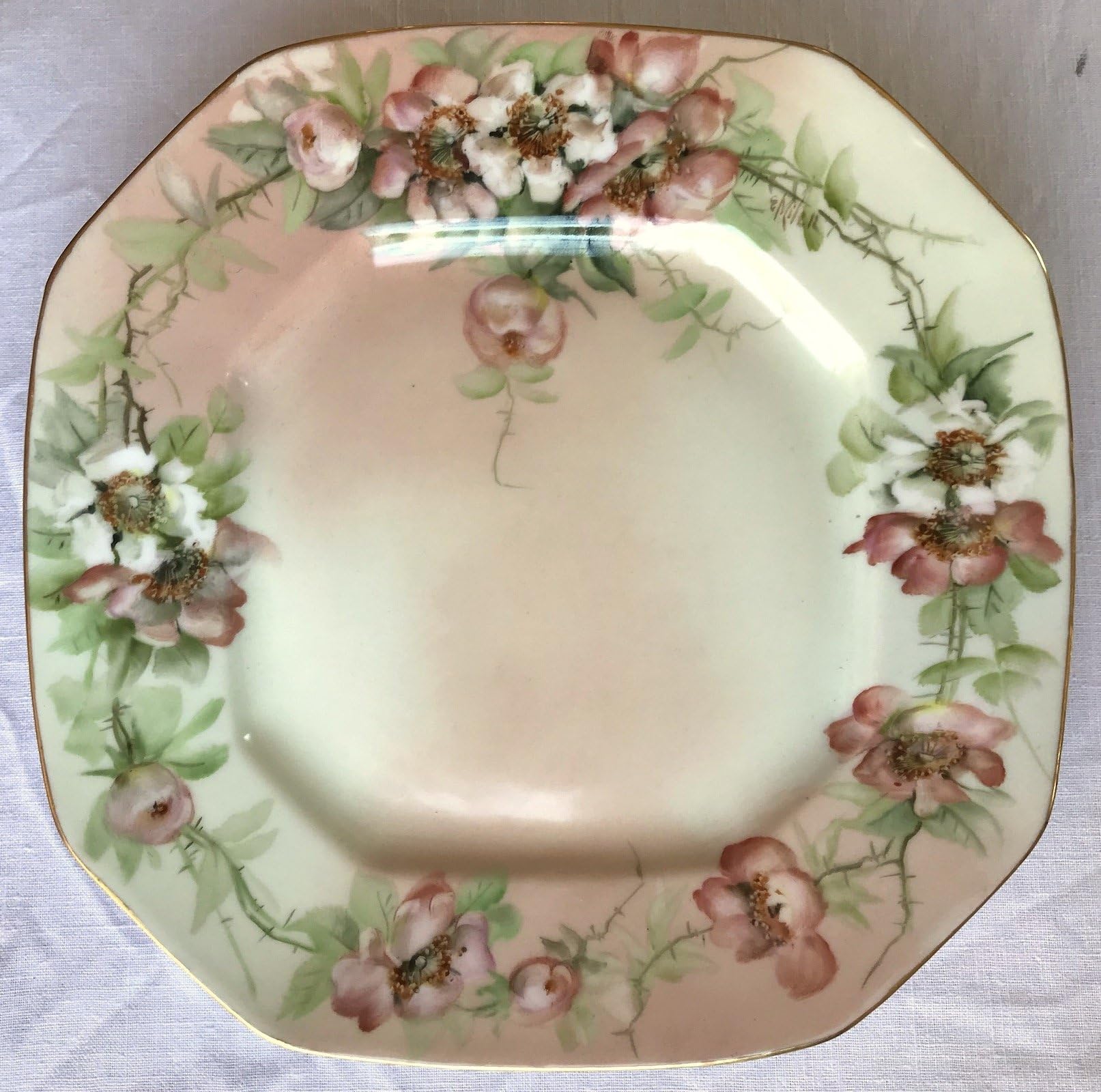 Limoges Octagonal Peach Blossoms Pattern Porcelain Plate