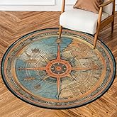 Nautical Compass Round Area Rug, Vintage Compass Painted Non-Slip Circle Rug for Bedroom Living Room Outdoor Study Playing Fl