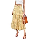 Hibluco Women's Floral Midi Skirts Elastic High Waist A-Line Swing Skirts