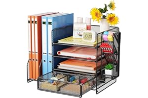 7 code Desk Organizer with File Holder, 5-Tier Letter Paper Tray Organizer with Drawer & Pen Holders, Desk Accessories Organi