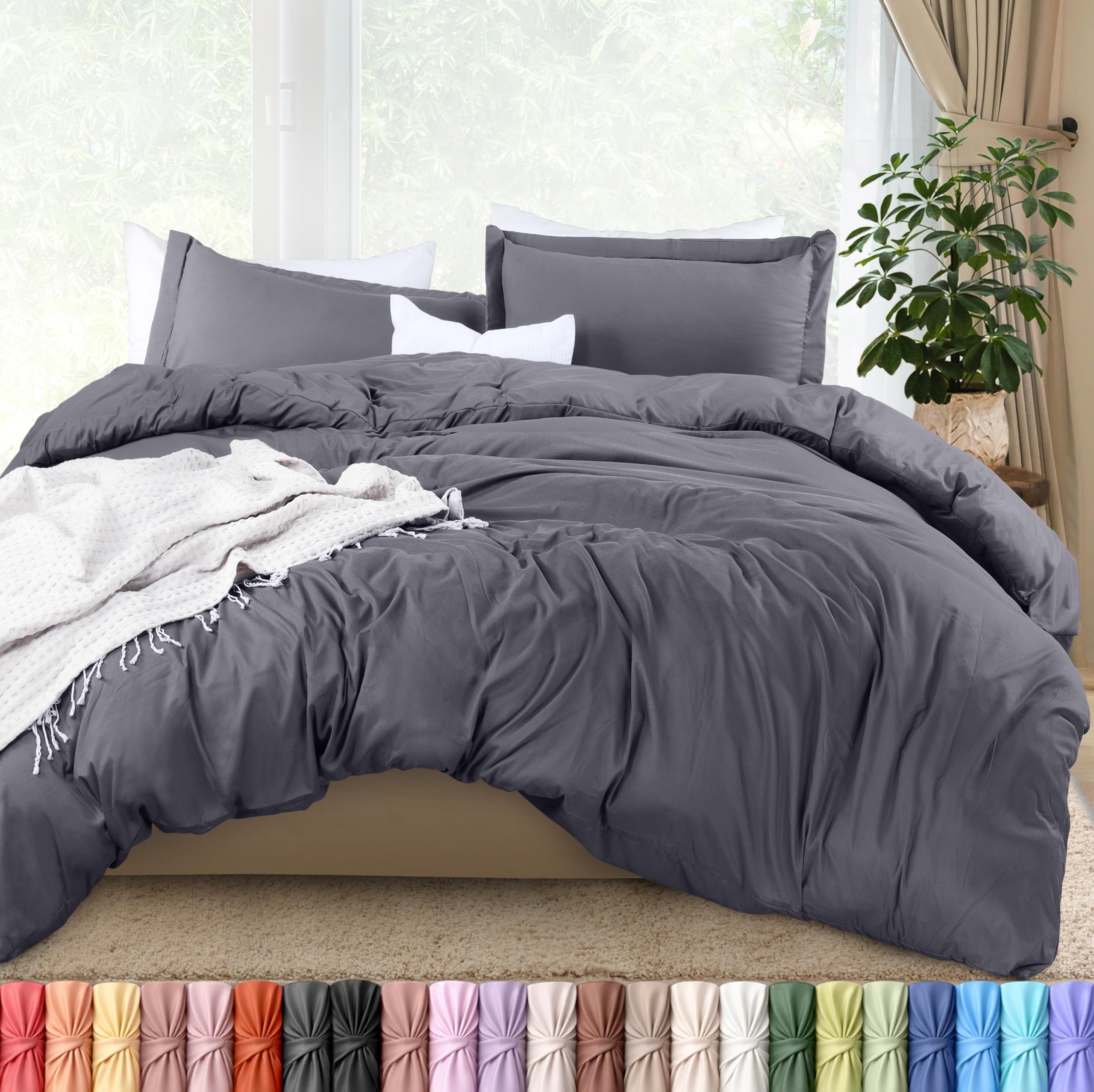 Duvet Cover King, 3 Piece Cotton Like Polyester With Zipper Closure, Grey