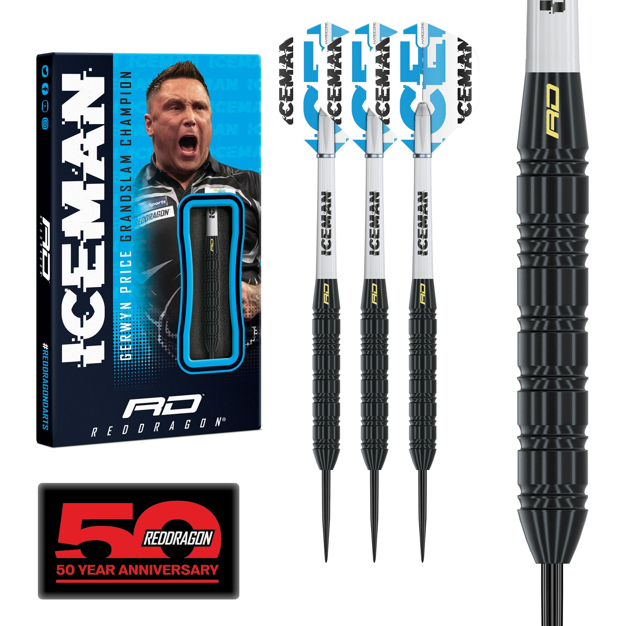 RED DRAGON Darts - Gerwyn Price Iceman Brass Edition 22g Professional Darts Set including Hardcore White and Blue Dart Flights & Iceman White Nylon Medium Shafts and Wallet โ image 1