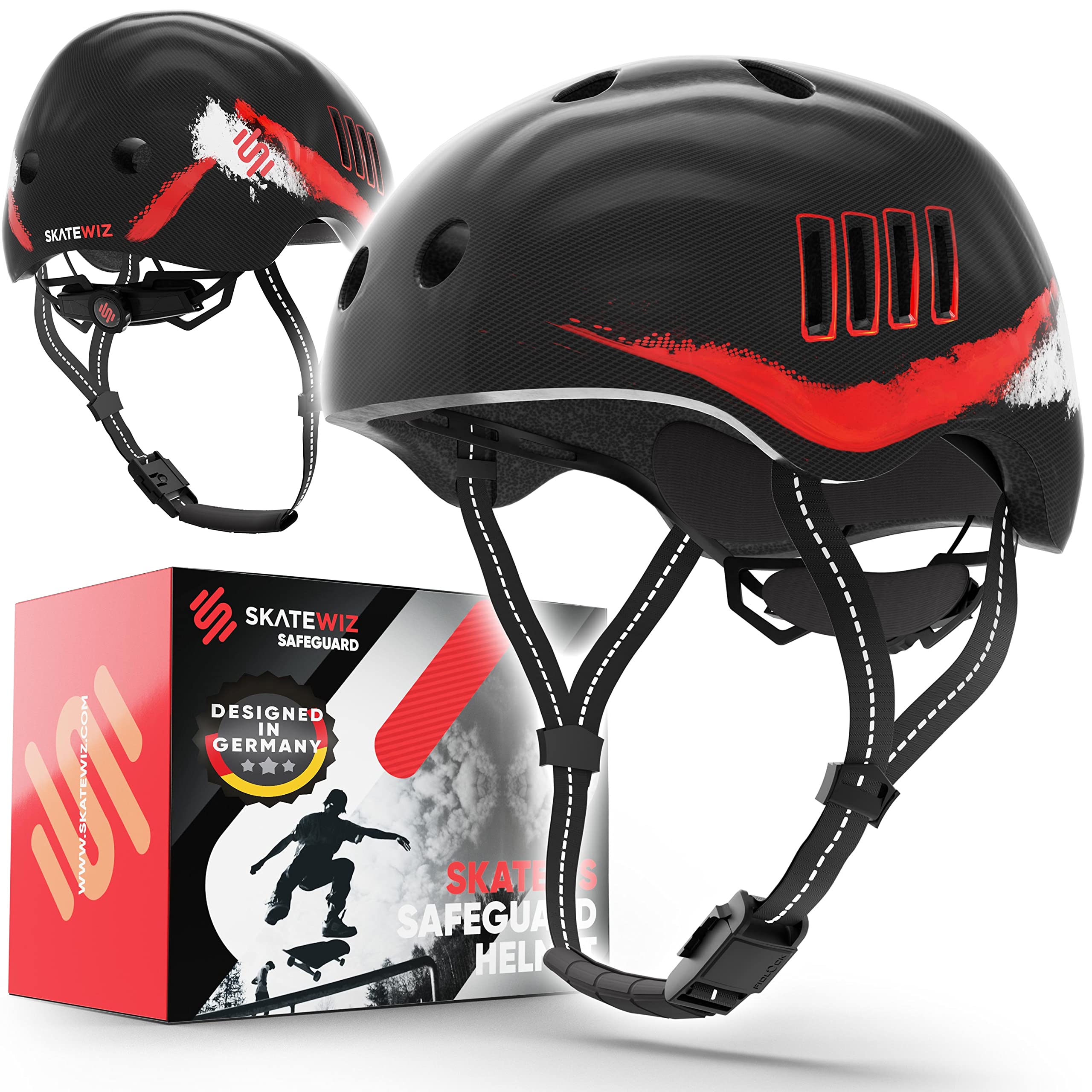 SKATEWIZ Kids Helmet - Bmx Helmet Scooter Helmet Skateboard Helmet - Kids Bike Helmet Kids 8-12 Kids Cycle Helmet - Size S in Black-Red - Kids Helmets Kids Skate Helmet
