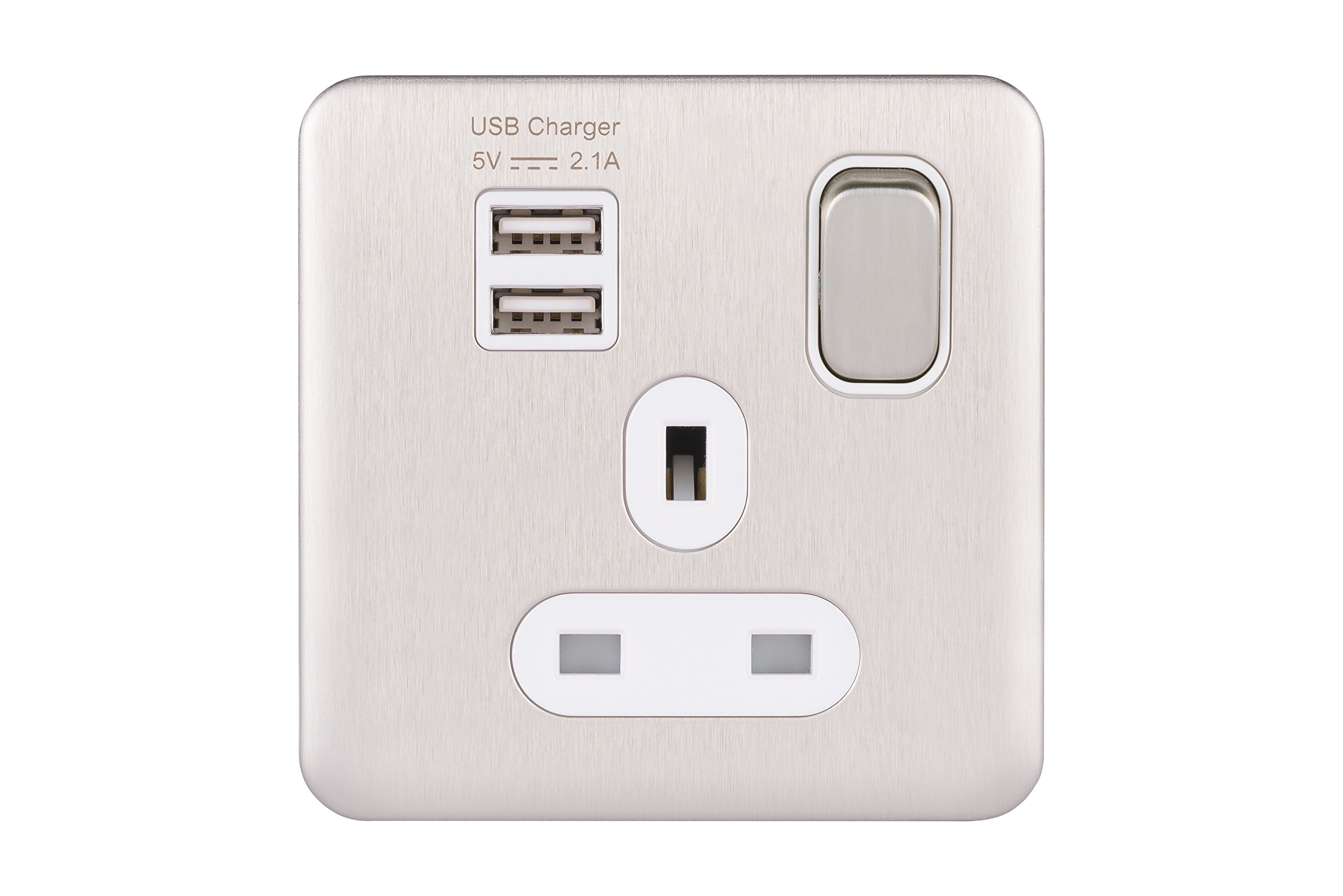 Schneider Electric GGBL30102USBAWSSS Schneider Electric Lisse Screwless Deco 1G 13A Sw SO SP w/ 2USB WSS, 240 V, Stainless Steel
