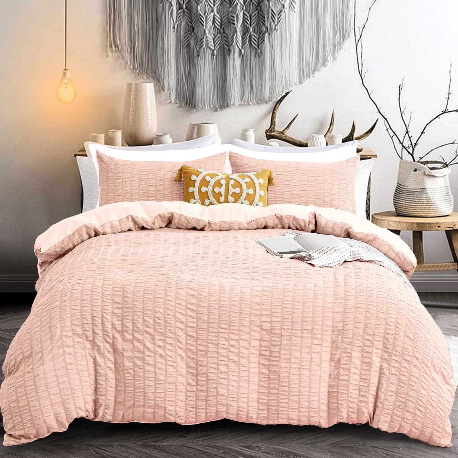 Pink Classic Seersucker Bedding Set with 2 Pillowcases Teens Adults Seersucker Duvet Cover with Zipper Closure King Size Microfiber Pinch Pleat Duvet Cover Set 220×230cm