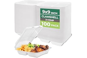 Freshware Clamshell Food Containers with Lids [9x9] 3-Compartment 100-Pack, Disposable To Go Containers, Biodegradable Sugarcane To Go Boxes - Paper Container - Microwave & Freezer Safe, Stackable