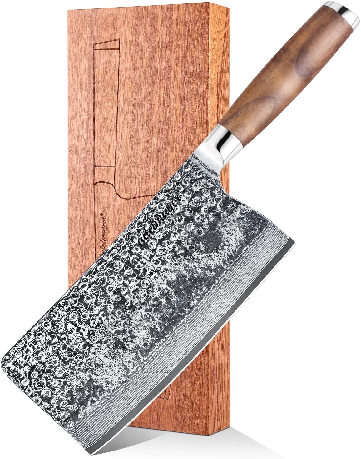 adelmayer® Premium Damastmesser - Hackmesser 18,3 cm - Extreme Härte und scharfe Klinge - japanischer Damaststahl - handgeschliffen - hochwertiger Walnussgriff - edle Geschenkbox