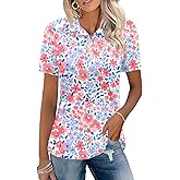 Rapbin Womens Short Sleeve Polo Shirts Business Casual Collared V Neck Tops Summer Cotton 4 Buttons Polos Tshirts