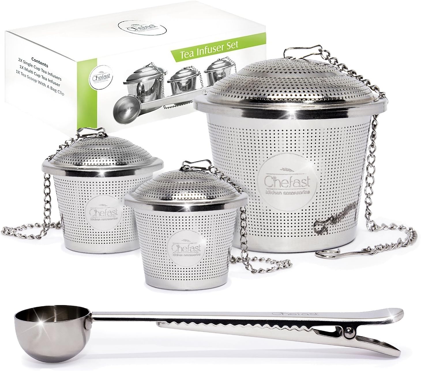 ChefastChefast Tea Infuser Filter Mesh Set (2+1 Pack) - Combo Kit of 1 Large and 2 Single Cup Infusers, Plus Metal Scoop with Clip - Reusable Stainless Steel Strainers and Steeper for Loose Leaf Teas