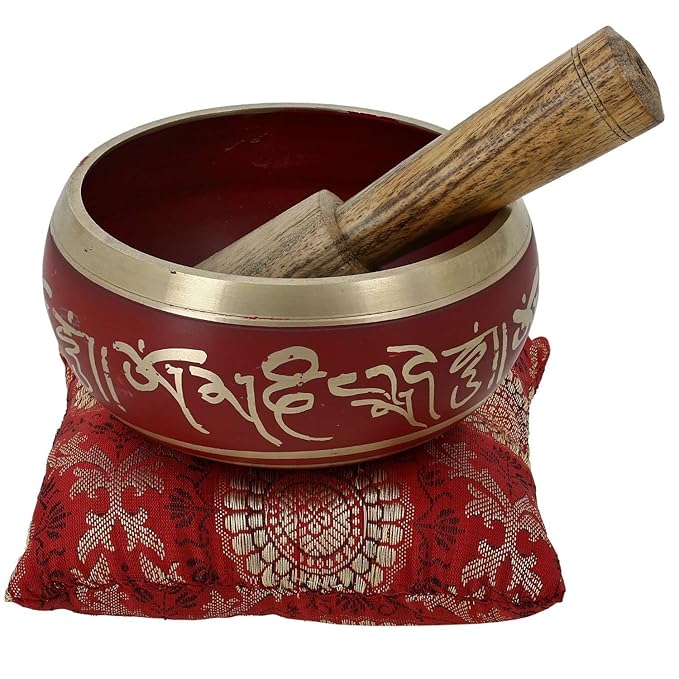 RoyaltyRoute Red Tibetan Gong Bowl Singing Bowls Set for Meditation and