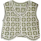 OYOANGLE Women's Boho Floral Knit Sweater Vest Button Up V Neck Hollow Out Crochet Tops