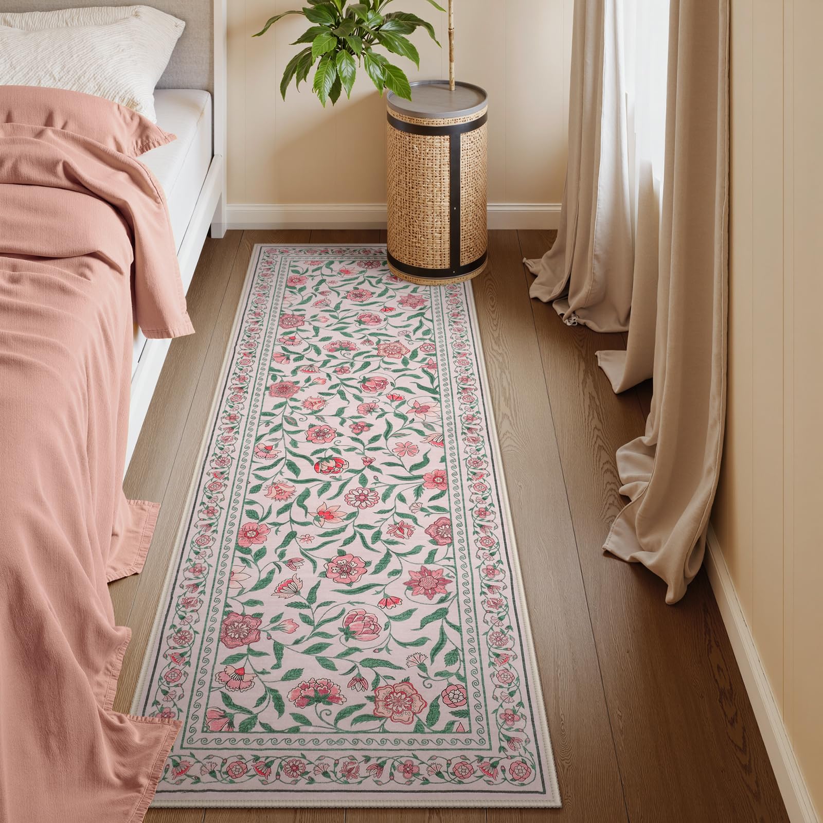Photo 1 of Collive Washable Hallway Rugs Runner 2 x 6, Pink Spring Floral Kitchen Carpet Soft Low Pile Entryway Runners Rug, Modern Vintage Bedroom Carpets for Laundry, Bathroom, Entrance, Front Door