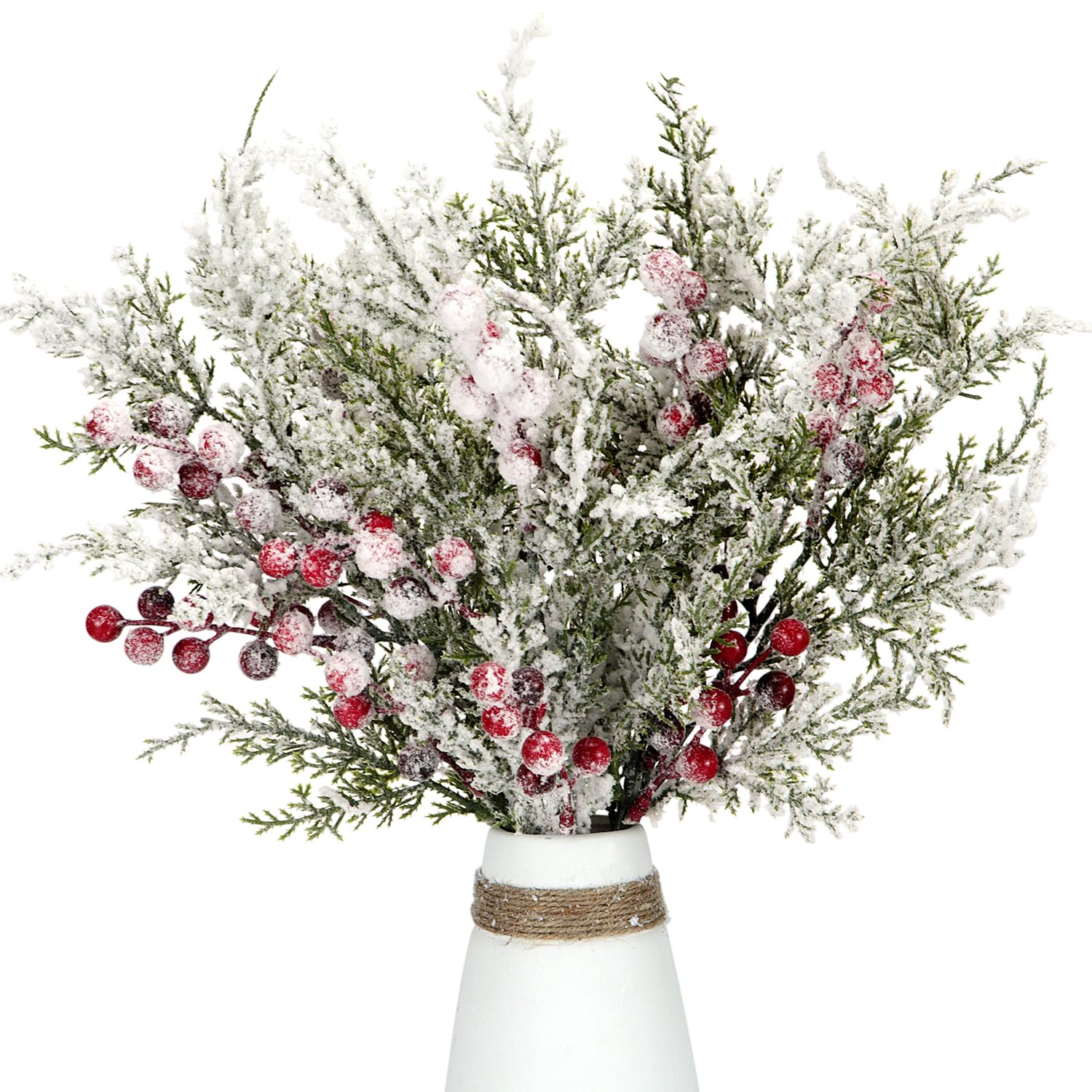 Pack of 3 Artificial Flocked Cedar Picks with Red Berries, 16inch Frosted Cedar Stems Christmas Picks Sprays Snowy Pine Branches for Christmas Decoration Floral Arrangement Winter Season Décor (Green)