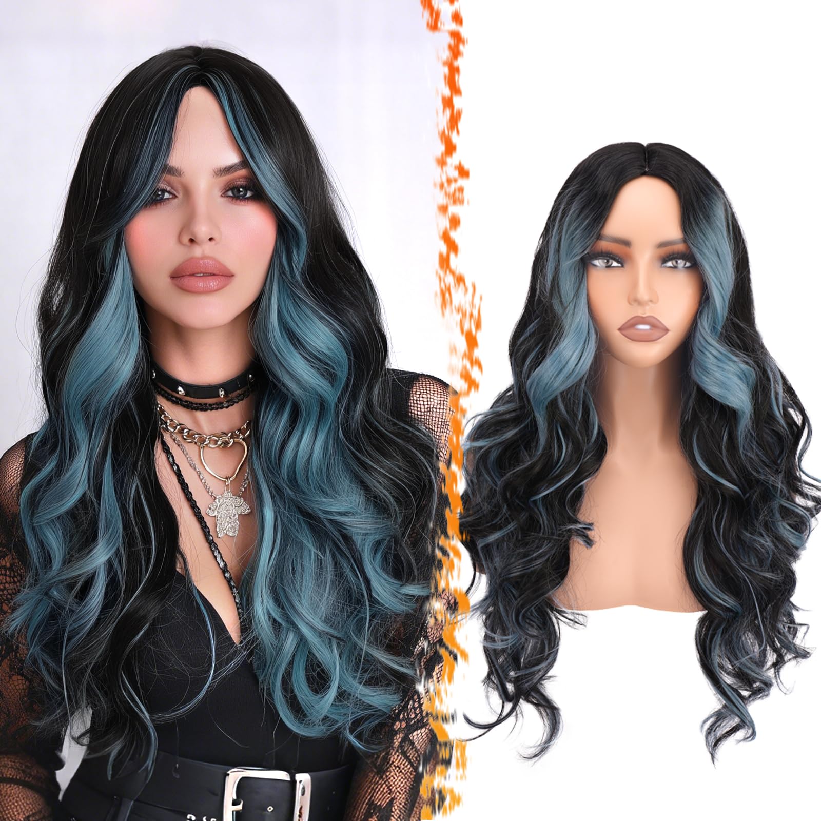 Photo 1 of BARSDAR Black Teal Blue Highlight Long Wavy Wig with Curtain Bangs – 28 Inch Teal Blue Black Ombre Highlight Calico Wig for Women – Natural Looking Thick Soft Synthetic Party Halloween Gothic Costume