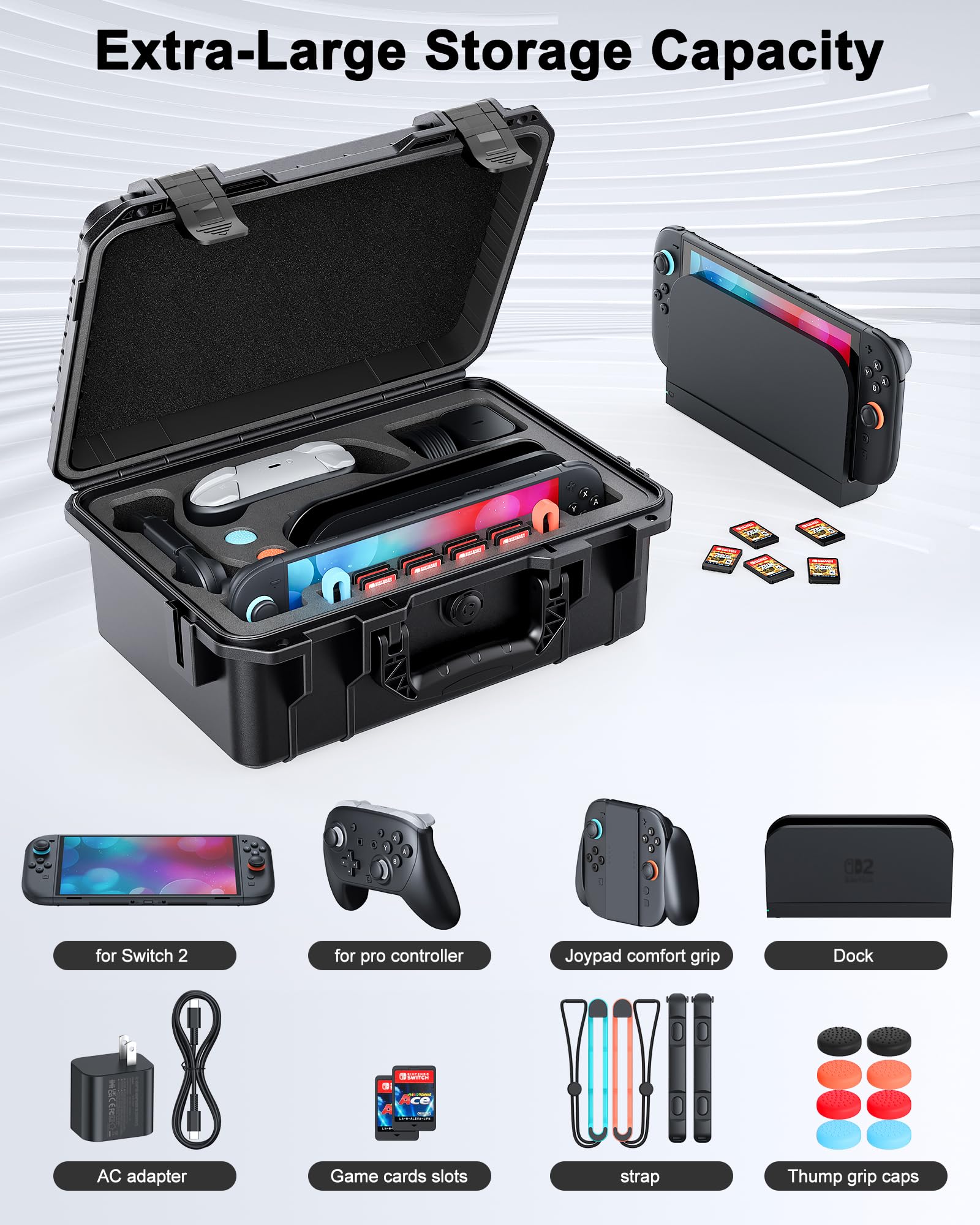 WAXITY[Superhart Harter Tasche für Nintendo Switch 2/Switch 1/Switch OLED Modell, All-in-One Tragetasche Hülle für Switch 2 Konsole und Pro Controller, Große Schutzhülle Case für Dock und Zubehör 2