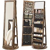 SONGMICS 360° Swivel Jewelry Cabinet, Lockable Jewelry Organizer with Full-Length Mirror, Rear Storage Shelves, Interior Mirror, Jewelry Armoire, Gift Idea, Rustic Brown UJJC006X01