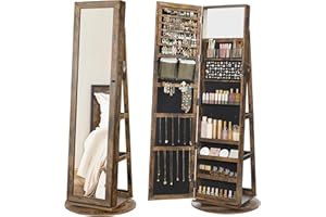 SONGMICS 360° Swivel Jewelry Cabinet, Lockable Jewelry Organizer with Full-Length Mirror, Rear Storage Shelves, Interior Mirror, Jewelry Armoire, Gift Idea, Rustic Brown UJJC006X01
