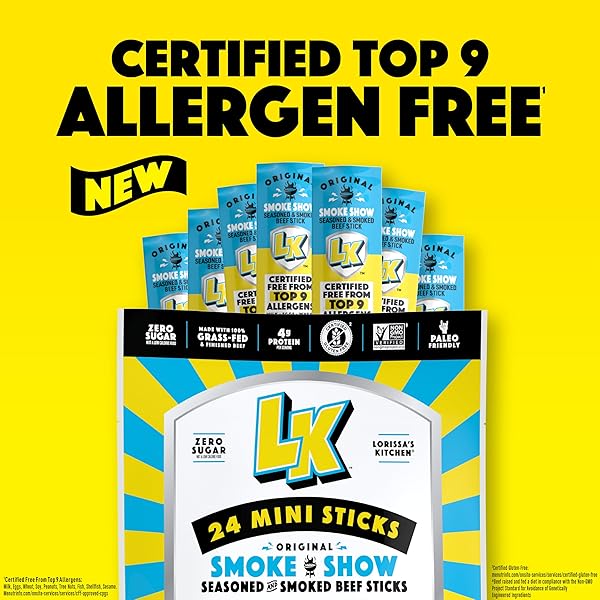LORISSA’S KITCHEN BEEF JERKY MINI STICKS, PREMIUM GRASS FED & FINISHED, ORIGINAL SMOKE SHOW FLAVOR – 4G PROTEIN, ON THE GO SNACKS, FREE FROM TOP 9 ALLERGENS, NON-GMO, GLUTEN-FREE, 0.5 OZ (24 COUNT)