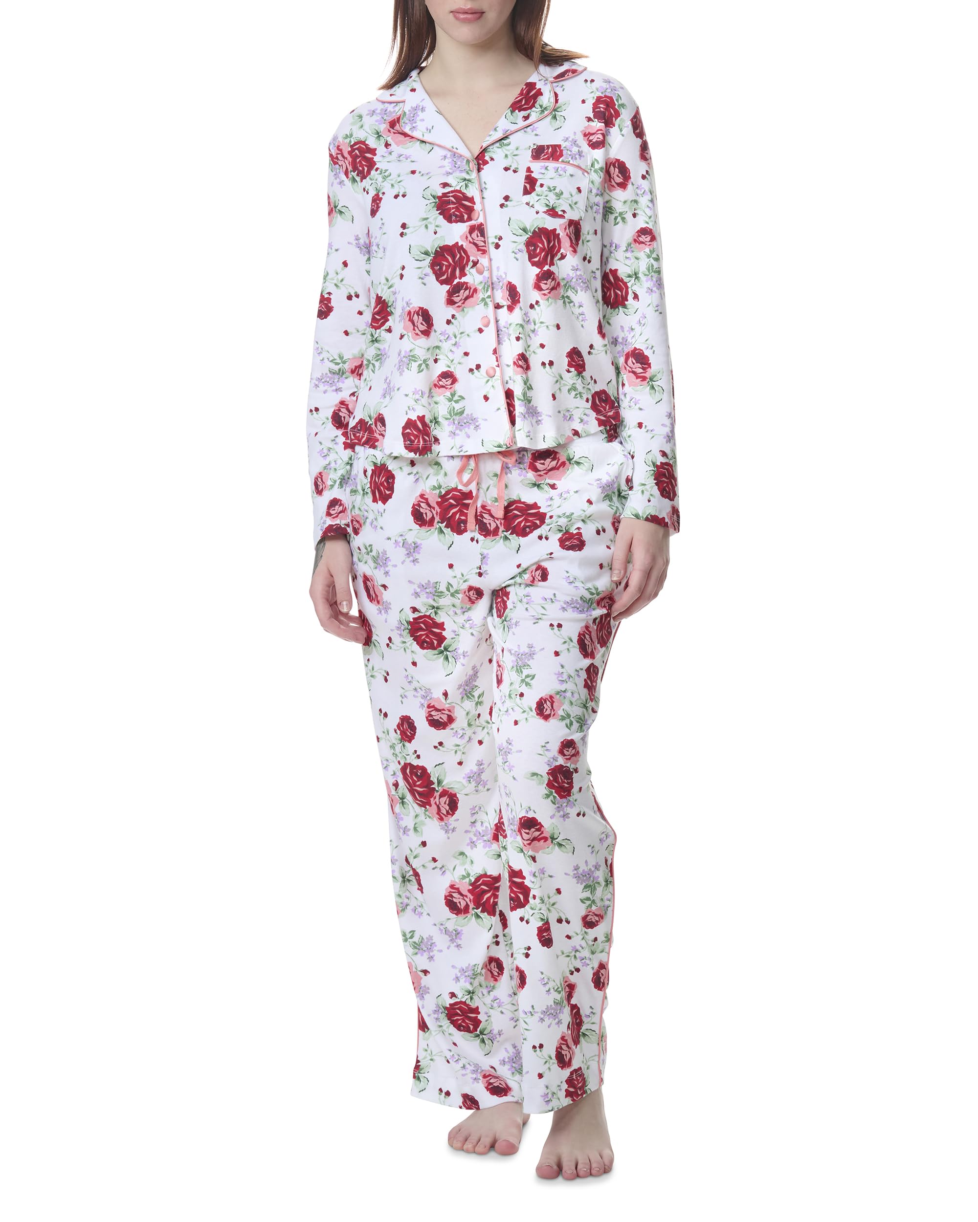 Karen Neuburger Women’s Two-Piece Long Sleeve Notch Collar Girlfriend Pajama Set, Rose Bush, X-Large