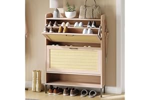 Airynee Rattan Shoe Storage Cabinet with 2 Flip Drawers, Narrow Freestanding Shoe Cabinet for Entryway, Slim Hidden Shoe Organizer Cabinet with Metal Legs for Hallway, Living Room, Bedroom
