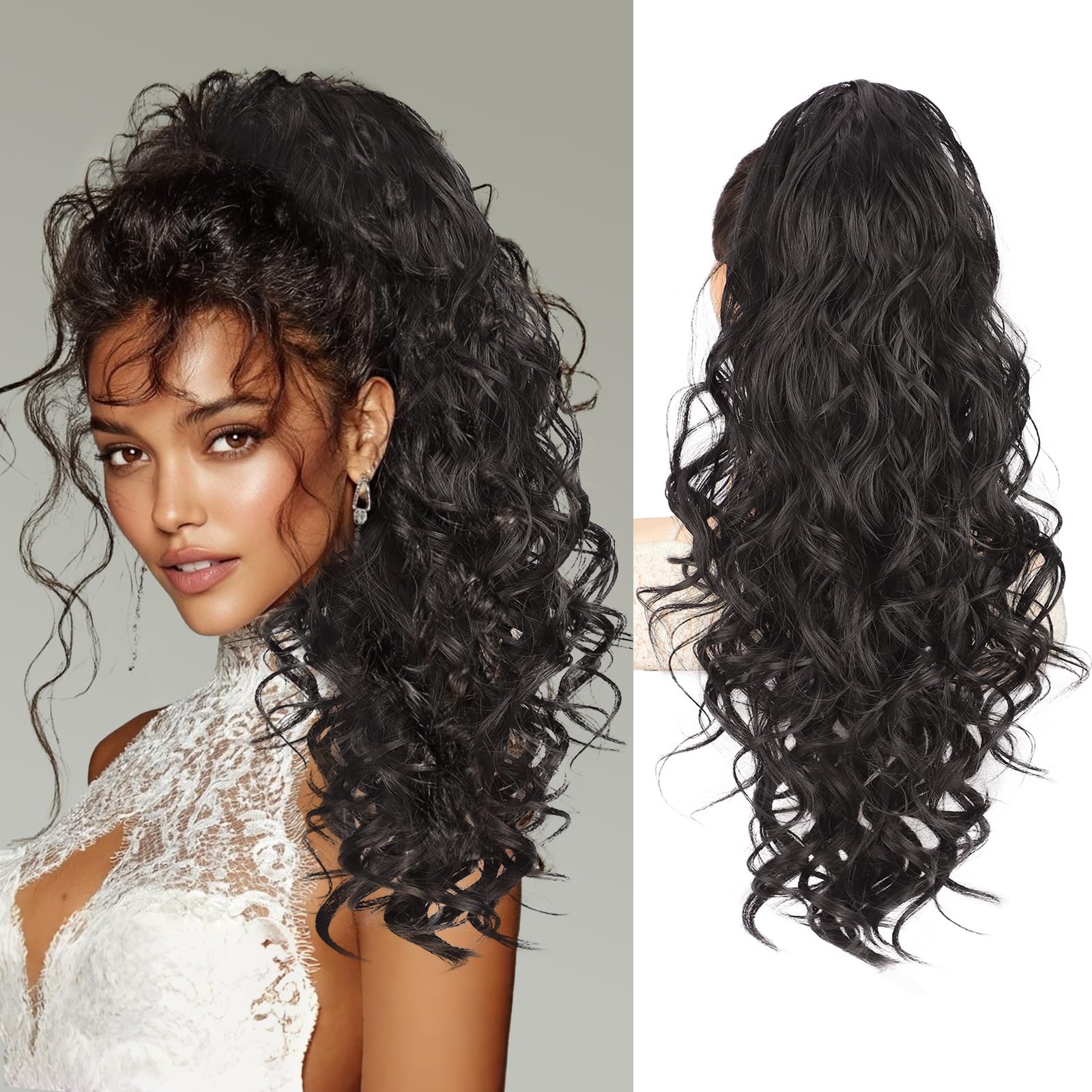 Photo 1 of QGZ 20" Wavy Ponytail Extension, Claw Clip Ponytail Hair Extension, Natural Synthetic Hairpiece for Women Daily Use(Black Brown)