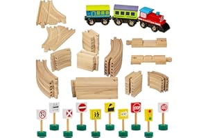 Dragon Drew Wooden Toy Train Tracks | 65 Piece | Tracks, Train, and Street Signs | Fits All Major Toy Brands