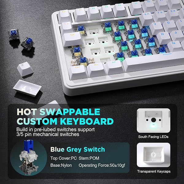 YUNZII B75 MECHANICAL KEYBOARD,75% LAYOUT WITH KNOB,HOT SWAPPABLE RGB BACKLIT GASKET MOUNTED, CREAMY TYPING, DOUBLE-SHOT PBT KEYCAPS,CHERRY PROFILE,FOR WIN/MAC (WHITE, BLUE GREY TACTILE SWITCH)