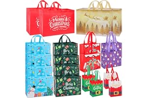 YALTOON 20 Pack Christmas Gift Bags Assorted Sizes, Reusable Heavy Duty Tote Bags with Handles - 4 Extra Large, 8 Large, 4 Medium, 4 Small, Christmas Bags for Gifts, Holiday Shopping, Xmas Party Favors