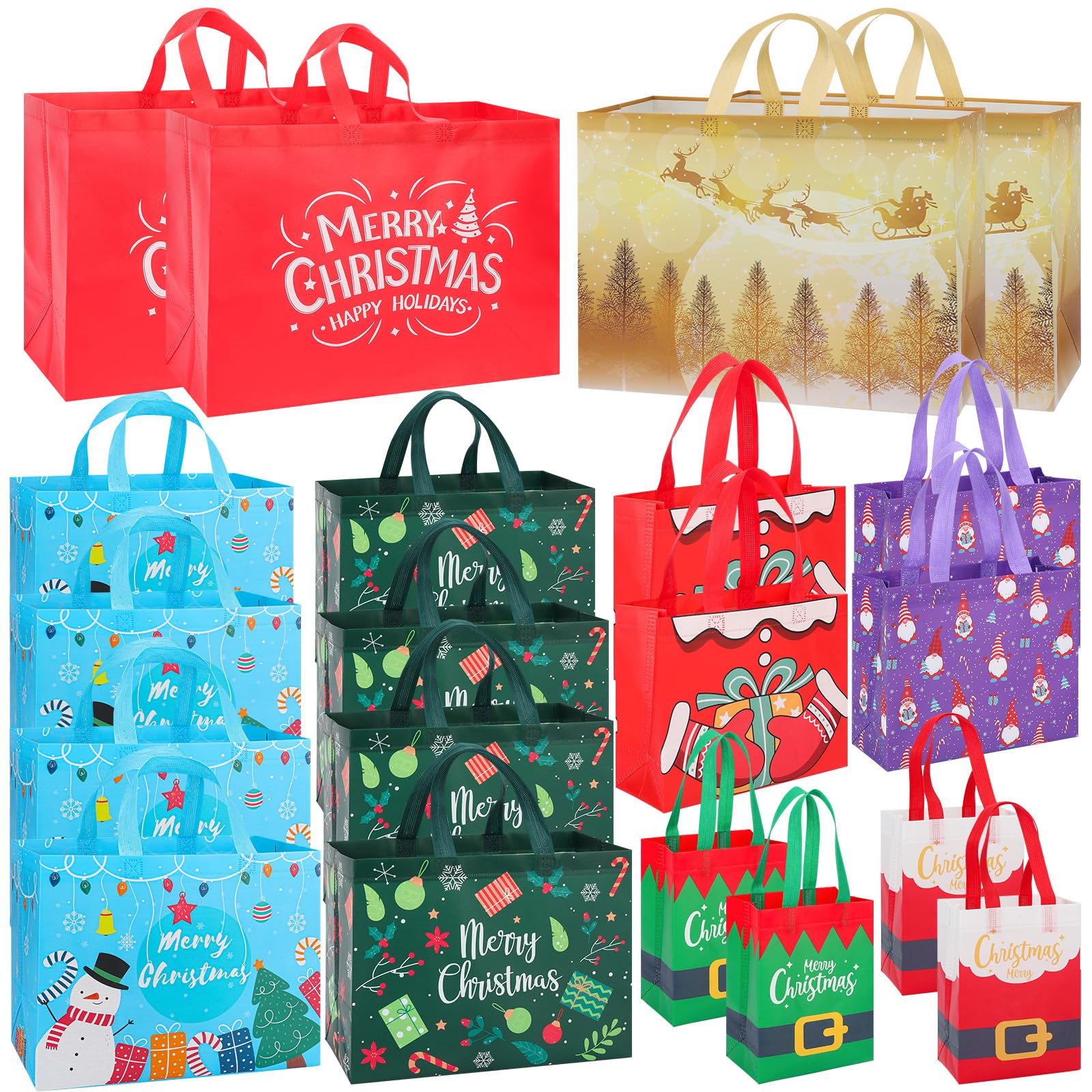 Photo 1 of 20 Pack Christmas Gift Bags Assorted Sizes, Reusable Heavy Duty Tote Bags with Handles - 4 Extra Large, 8 Large, 4 Medium, 4 Small, Christmas Bags for Gifts, Holiday Shopping, Xmas Party Favors