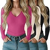 Riyiper 3 Pack Women Long Sleeve Shirts, 95% Cotton V Neck Ribbed Knit Tops Slim Fit Casual Going Out Tee Shirts