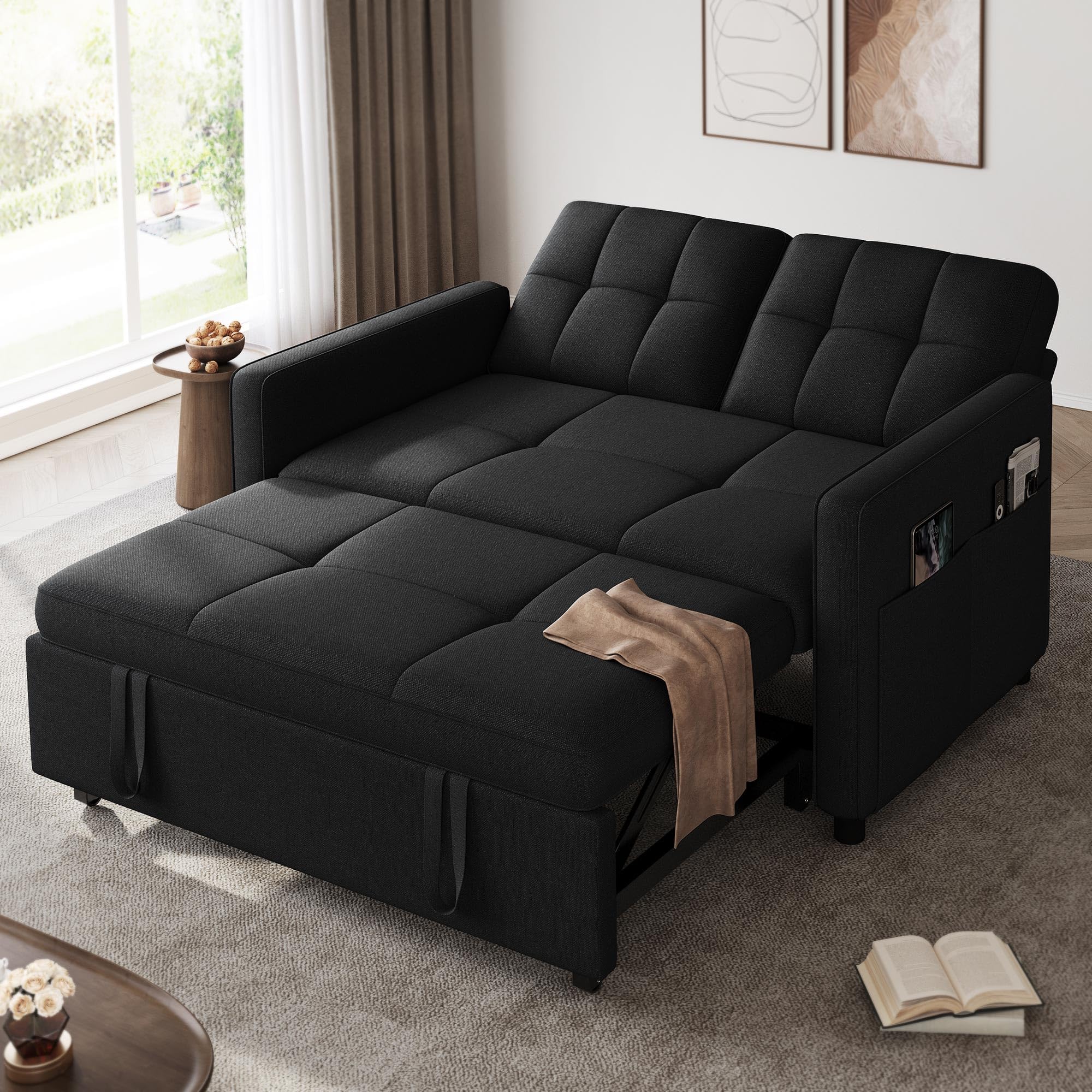 Photo 1 of *PARTIAL SET// NO REFUNDS MISSING PARTS**DWVO 55" Convertible Sofa Bed, 3-in-1 Sleeper Sofa with Pull-Out Bed, Linen Futon Couch with Side Pocket and Adjustable Backrest, Modern Loveseat for Living Room, Balck