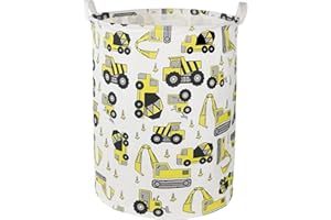 HKEC Round Laundry Basket,Kids Dirty Clothes Laundry Hamper for Boys, Toys Construction Storage Basket for Playroom,Gift Baskets,Baby Nursery Hamper, Room Decor(Yellow Excavator)