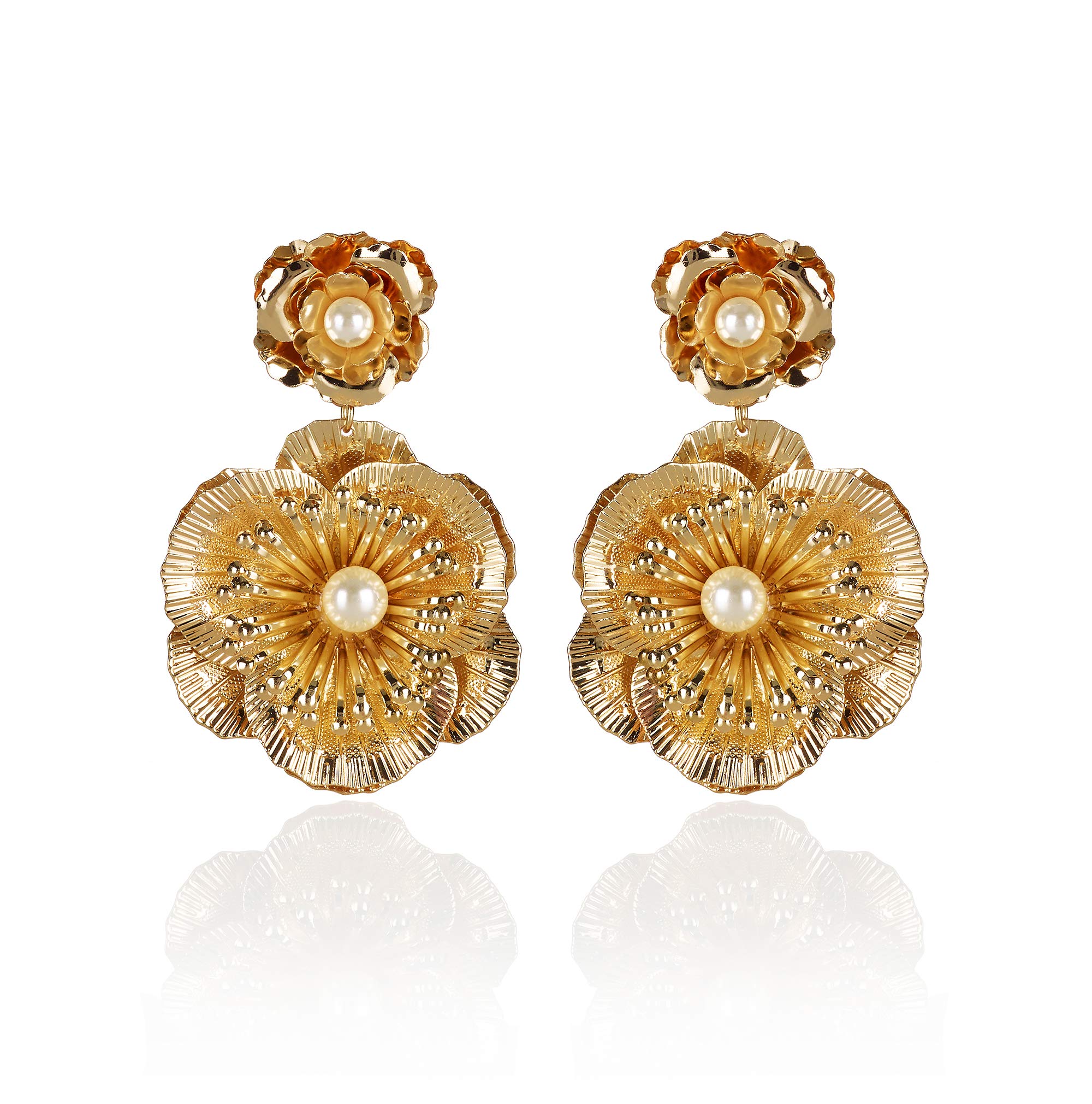 ZAVANA Flower Statement Earrings for Women. Gold Chandelier Earrings with Floral Design and set with White Pearls