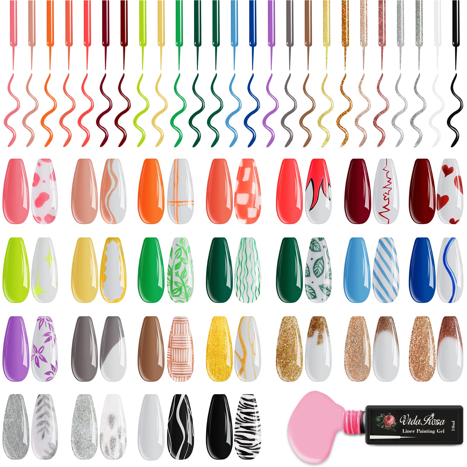 Full Set of 25 Colors VidaRosa Gel Nail Liner Polish UV LED Painting Gel Polish for 3D Nail Art DIY Nail Design Nail Line Drawing Paintbrush Pen, Nail Painting Polish for Manicure Salon, 10ML